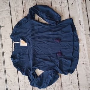 Marie Oliver Blue Silk Long Sleeve Peasant Tassel Blouse L NWT